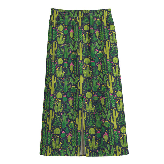 Cute Cactus Plant Pattern Print Cotton Front Slit Maxi Skirt