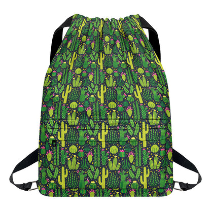 Cute Cactus Plant Pattern Print Drawstring Backpack