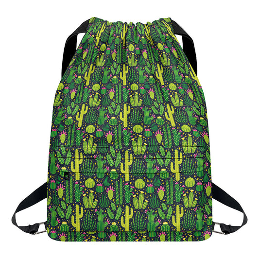 Cute Cactus Plant Pattern Print Drawstring Backpack