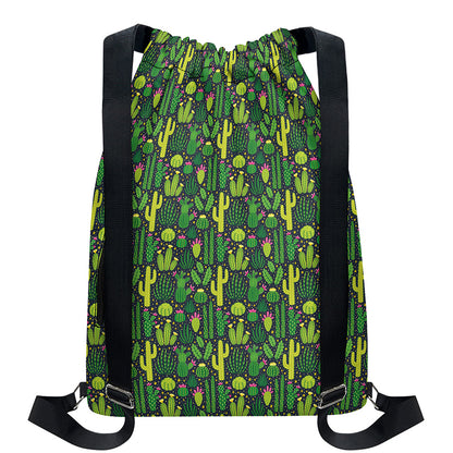 Cute Cactus Plant Pattern Print Drawstring Backpack