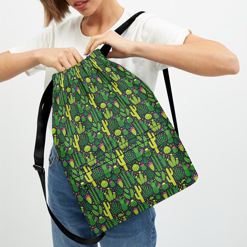 Cute Cactus Plant Pattern Print Drawstring Backpack