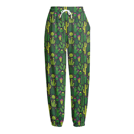 Cute Cactus Plant Pattern Print Fleece Lined Knit Pants