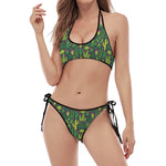 Cute Cactus Plant Pattern Print Halter Scoop Tie Side Bikini