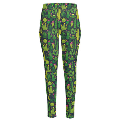 Cute Cactus Plant Pattern Print High-Waisted Pocket Leggings