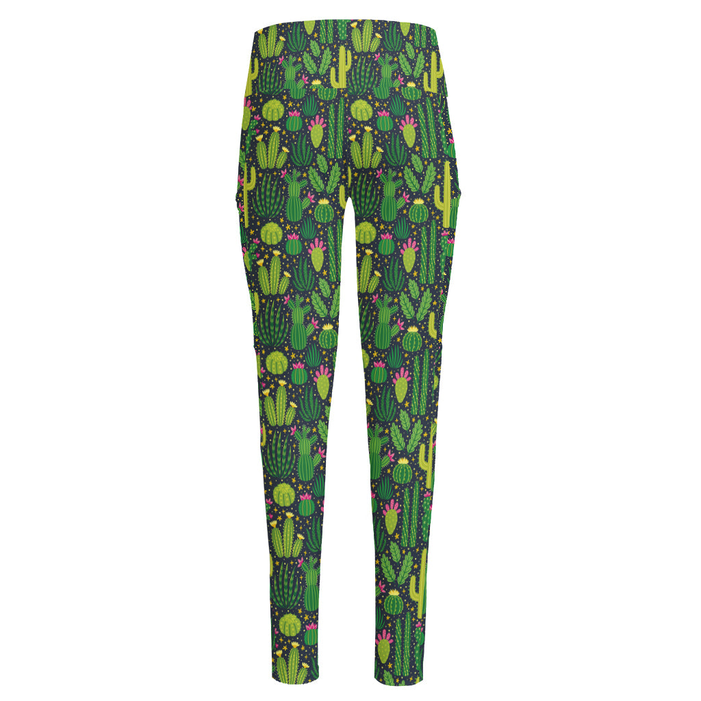 Cute Cactus Plant Pattern Print High-Waisted Pocket Leggings