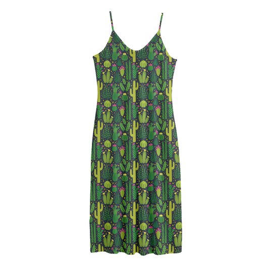 Cute Cactus Plant Pattern Print Jersey Midi Cami Dress