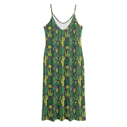 Cute Cactus Plant Pattern Print Jersey Midi Cami Dress