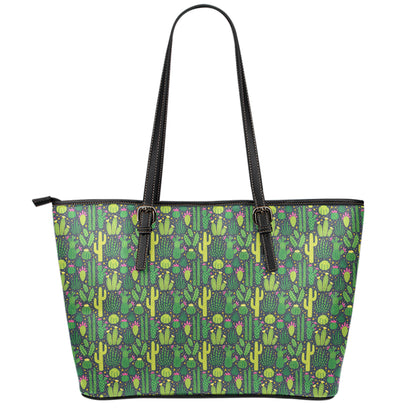 Cute Cactus Plant Pattern Print Leather Tote Bag
