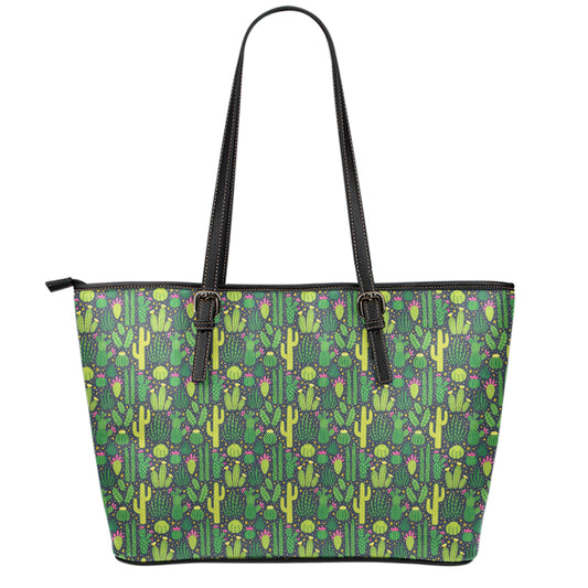 Cute Cactus Plant Pattern Print Leather Tote Bag