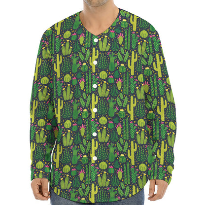 Cute Cactus Plant Pattern Print Long Sleeve Baseball Jersey