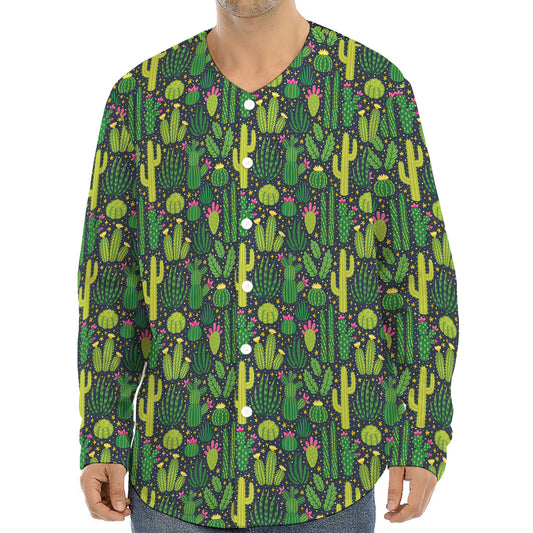 Cute Cactus Plant Pattern Print Long Sleeve Baseball Jersey