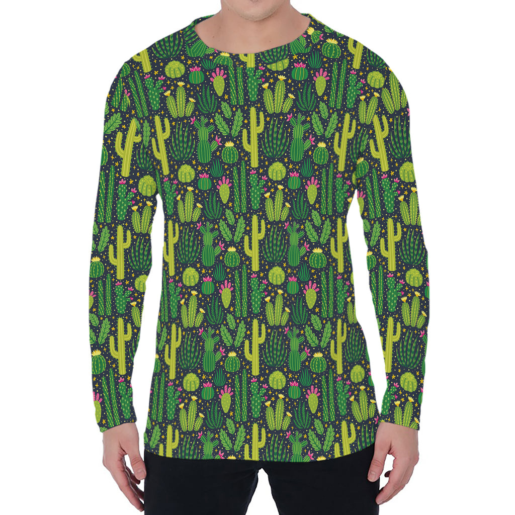 Cute Cactus Plant Pattern Print Men's Long Sleeve T-Shirt