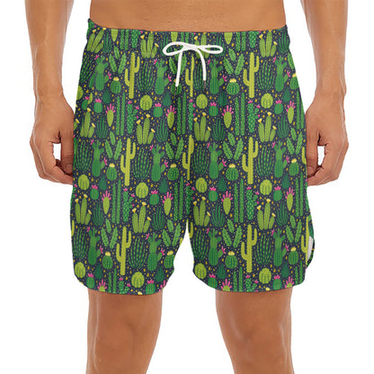 Cute Cactus Plant Pattern Print Men's Split Running Shorts