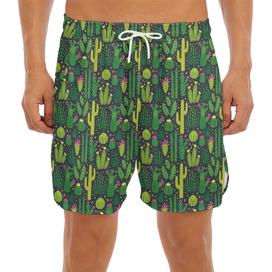 Cute Cactus Plant Pattern Print Men's Split Running Shorts