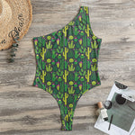 Cute Cactus Plant Pattern Print One Shoulder Bodysuit