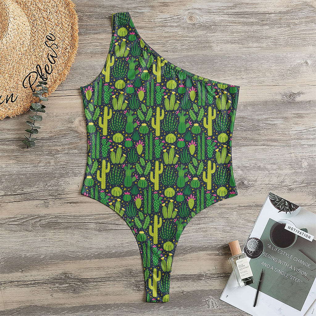 Cute Cactus Plant Pattern Print One Shoulder Bodysuit