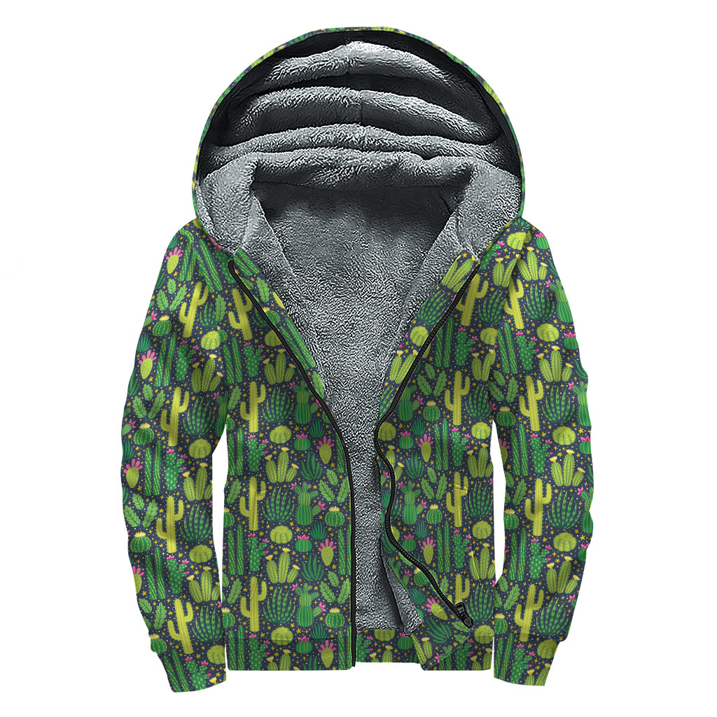 Cute Cactus Plant Pattern Print Sherpa Lined Zip Up Hoodie