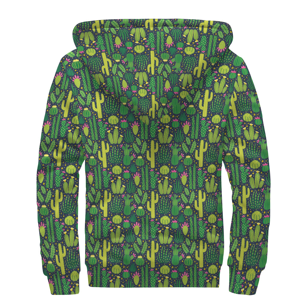 Cute Cactus Plant Pattern Print Sherpa Lined Zip Up Hoodie