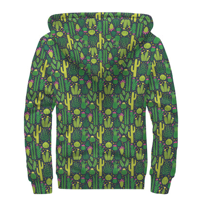 Cute Cactus Plant Pattern Print Sherpa Lined Zip Up Hoodie
