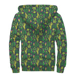 Cute Cactus Plant Pattern Print Sherpa Lined Zip Up Hoodie
