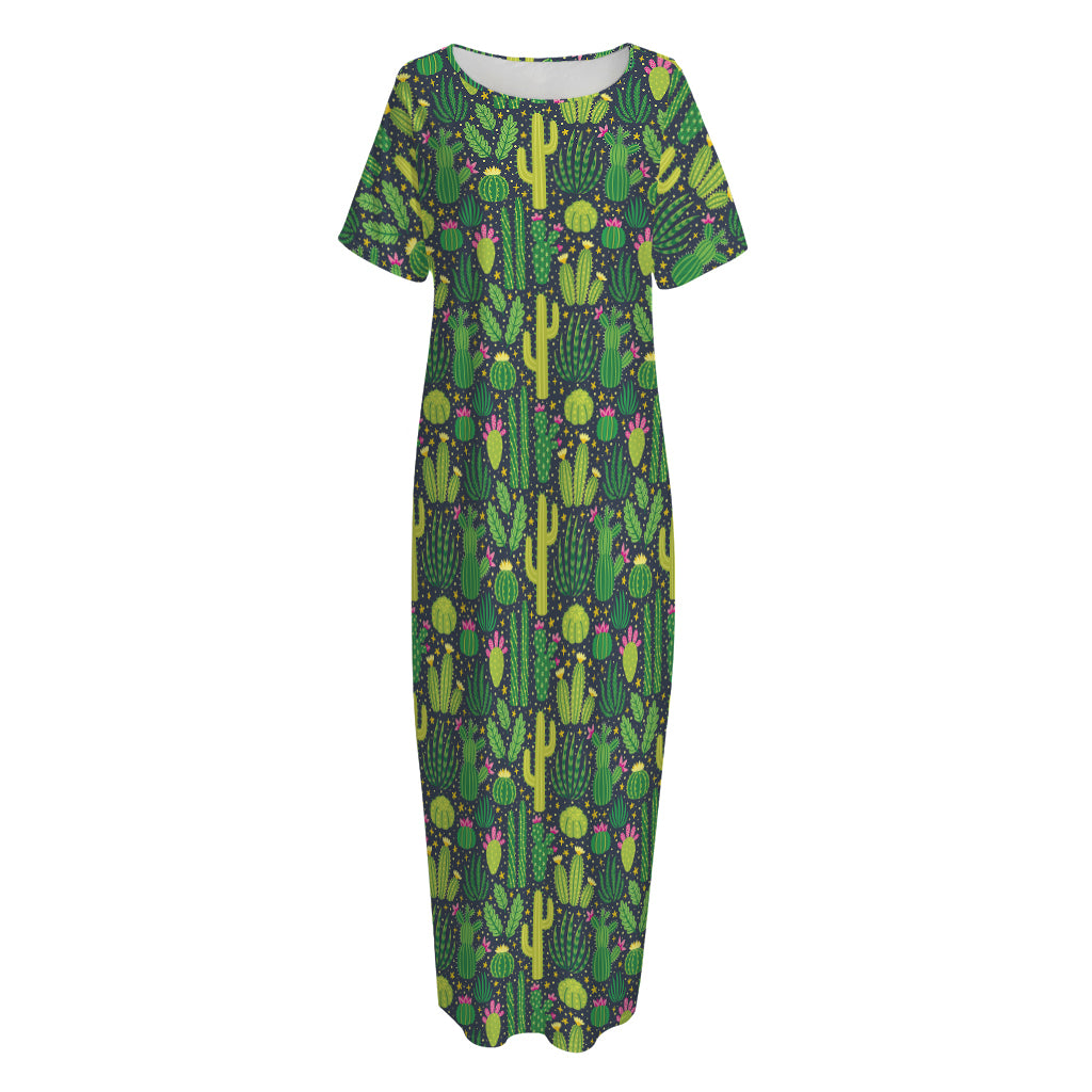 Cute Cactus Plant Pattern Print Short Sleeve Long Nightdress