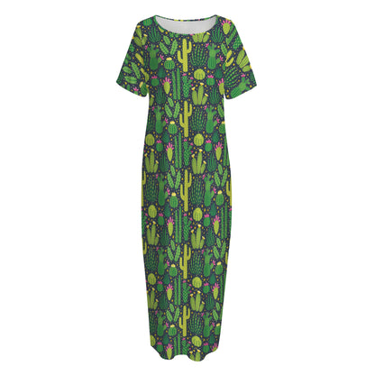 Cute Cactus Plant Pattern Print Short Sleeve Long Nightdress