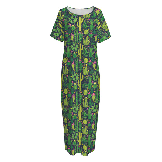 Cute Cactus Plant Pattern Print Short Sleeve Long Nightdress