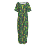 Cute Cactus Plant Pattern Print Short Sleeve Long Nightdress