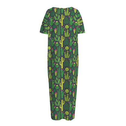 Cute Cactus Plant Pattern Print Short Sleeve Long Nightdress