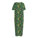 Cute Cactus Plant Pattern Print Short Sleeve Long Nightdress
