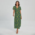 Cute Cactus Plant Pattern Print Short Sleeve Maxi Dress