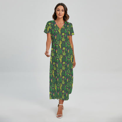 Cute Cactus Plant Pattern Print Short Sleeve Maxi Dress