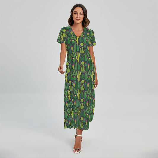 Cute Cactus Plant Pattern Print Short Sleeve Maxi Dress