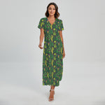 Cute Cactus Plant Pattern Print Short Sleeve Maxi Dress