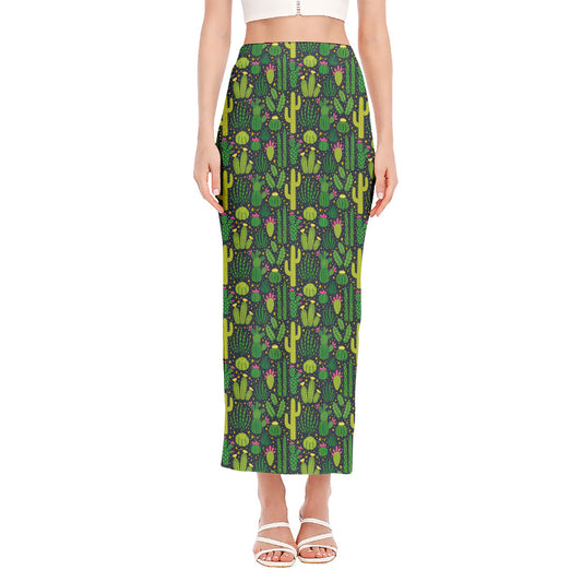 Cute Cactus Plant Pattern Print Side Slit Maxi Skirt
