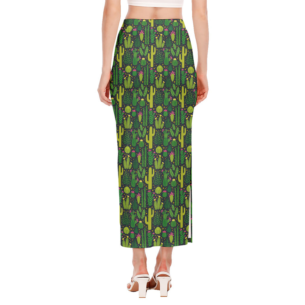 Cute Cactus Plant Pattern Print Side Slit Maxi Skirt
