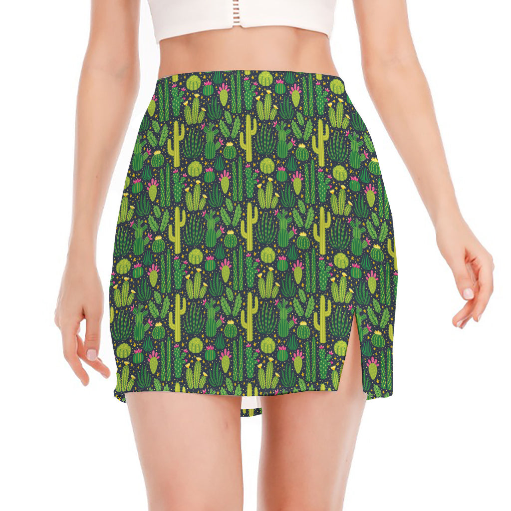 Cute Cactus Plant Pattern Print Side Slit Mini Skirt