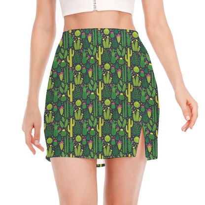 Cute Cactus Plant Pattern Print Side Slit Mini Skirt
