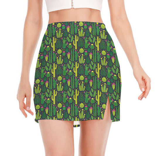 Cute Cactus Plant Pattern Print Side Slit Mini Skirt
