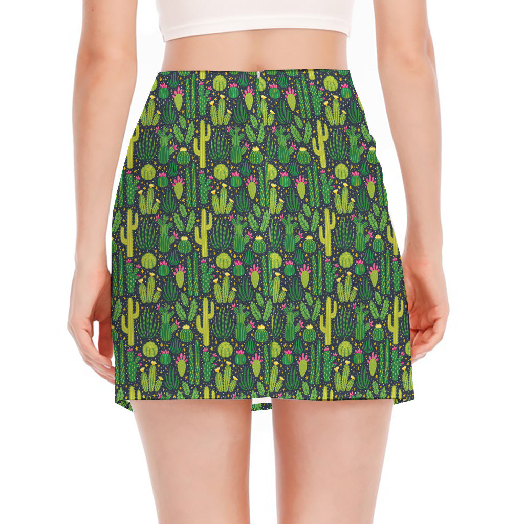 Cute Cactus Plant Pattern Print Side Slit Mini Skirt