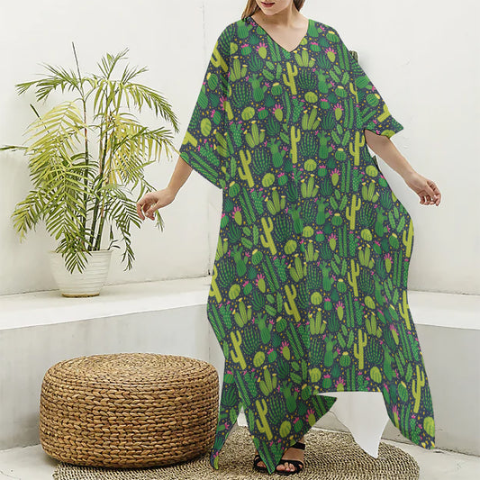 Cute Cactus Plant Pattern Print Silk V-Neck Kaftan Dress
