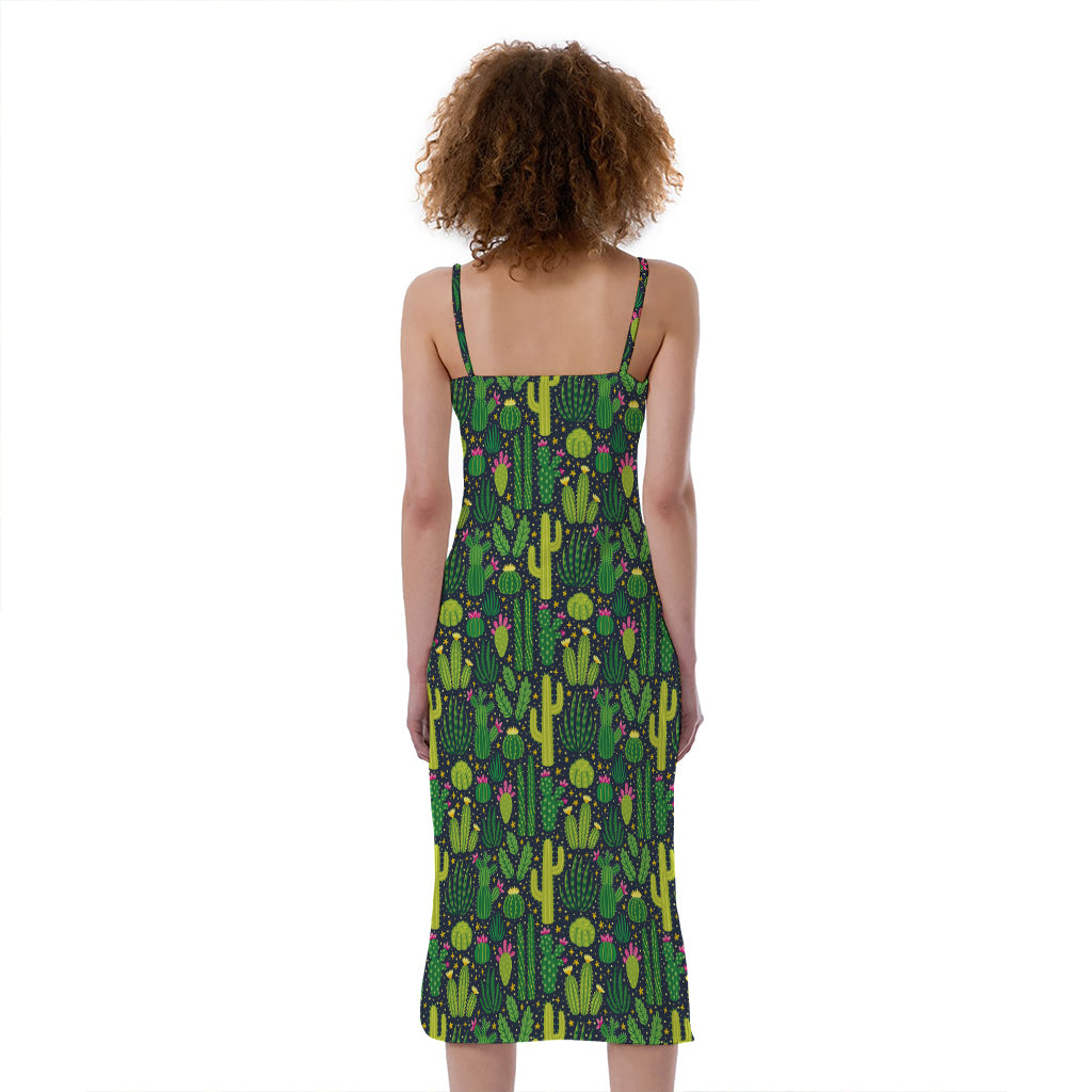 Cute Cactus Plant Pattern Print Slim Fit Midi Cami Dress