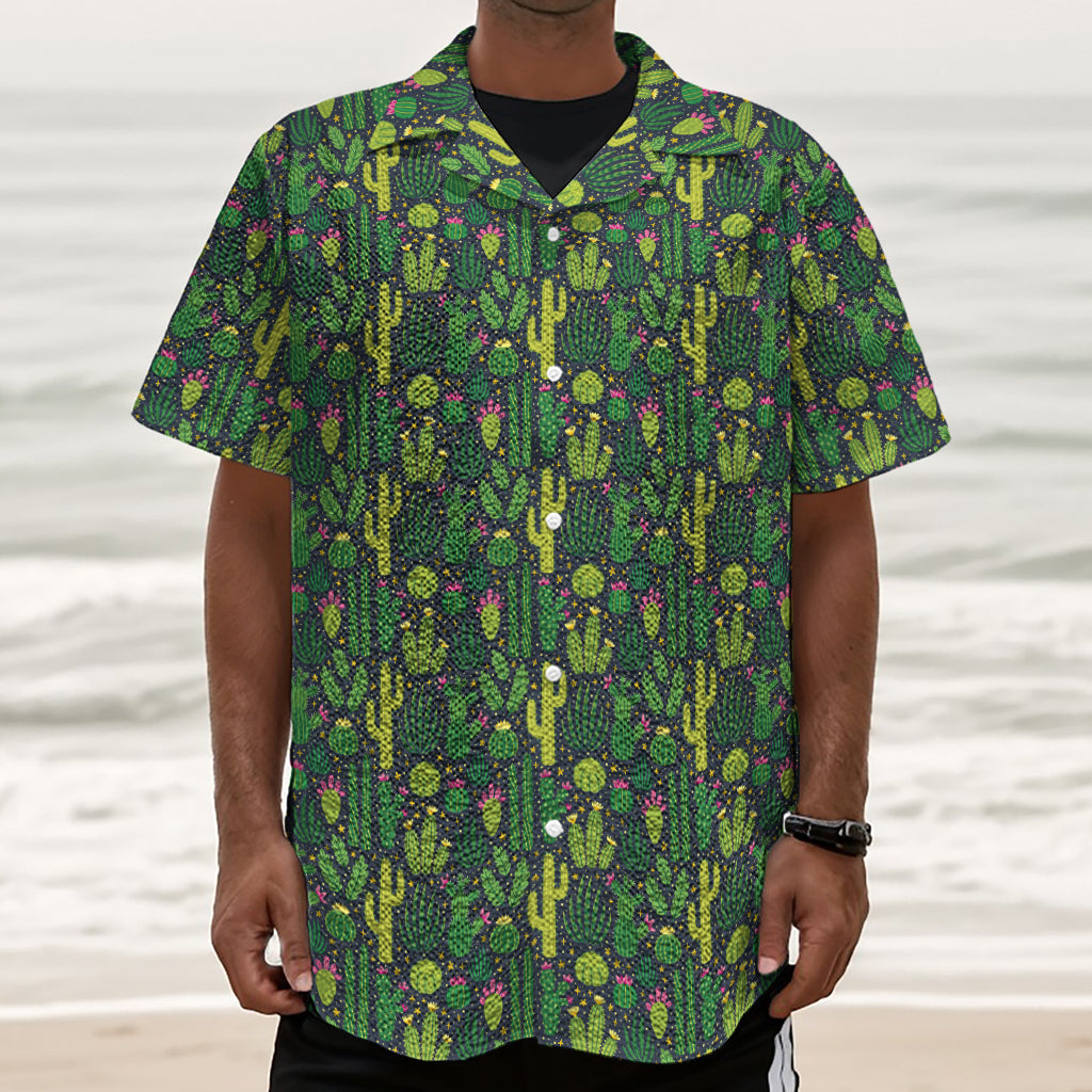 Cute Cactus Plant Pattern Print Textured Short Sleeve Shirt