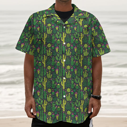 Cute Cactus Plant Pattern Print Textured Short Sleeve Shirt