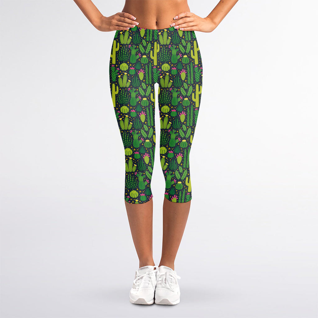 Cute Cactus Plant Pattern Print Women's Capri Leggings
