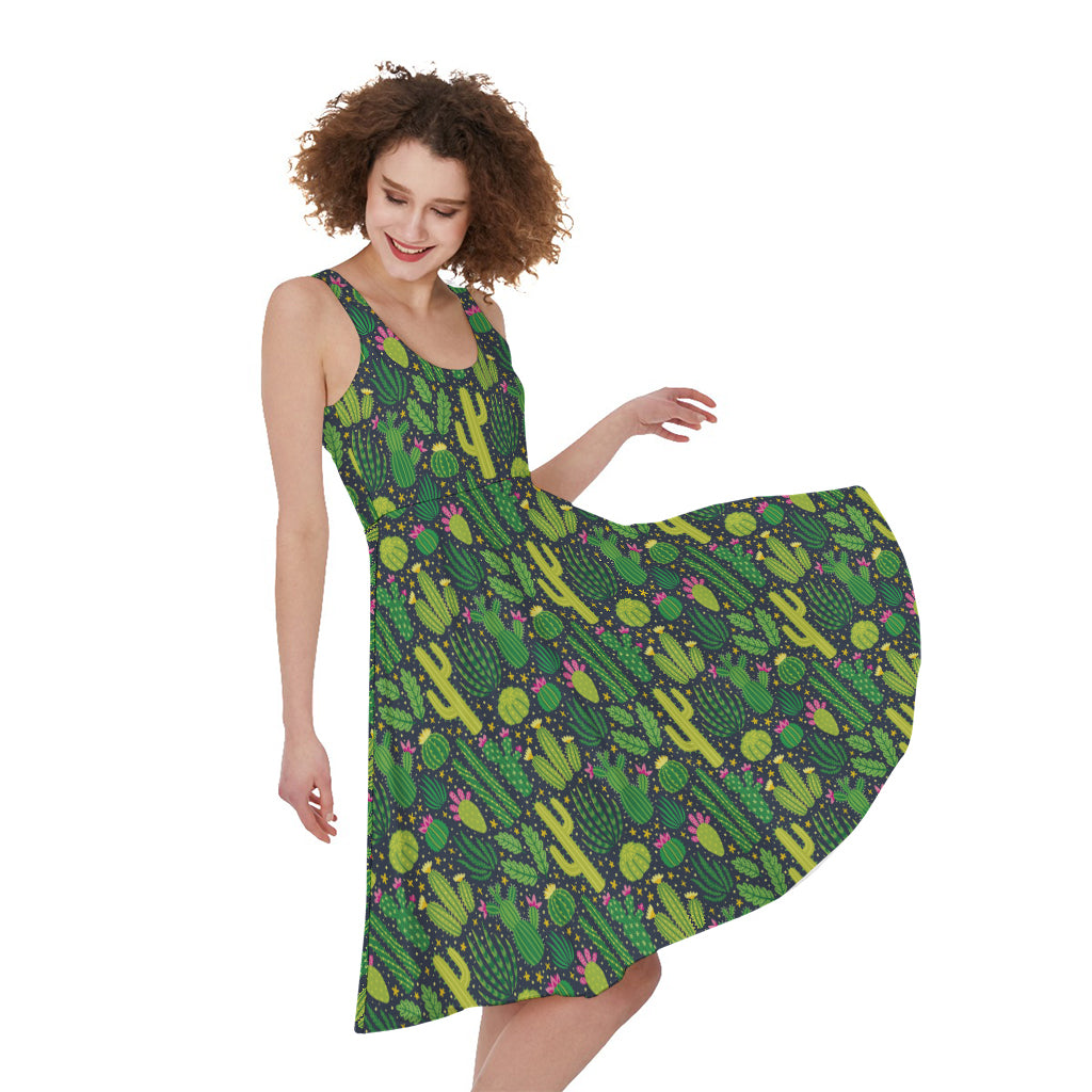 Cute Cactus Plant Pattern Print Women's Sleeveless Dress