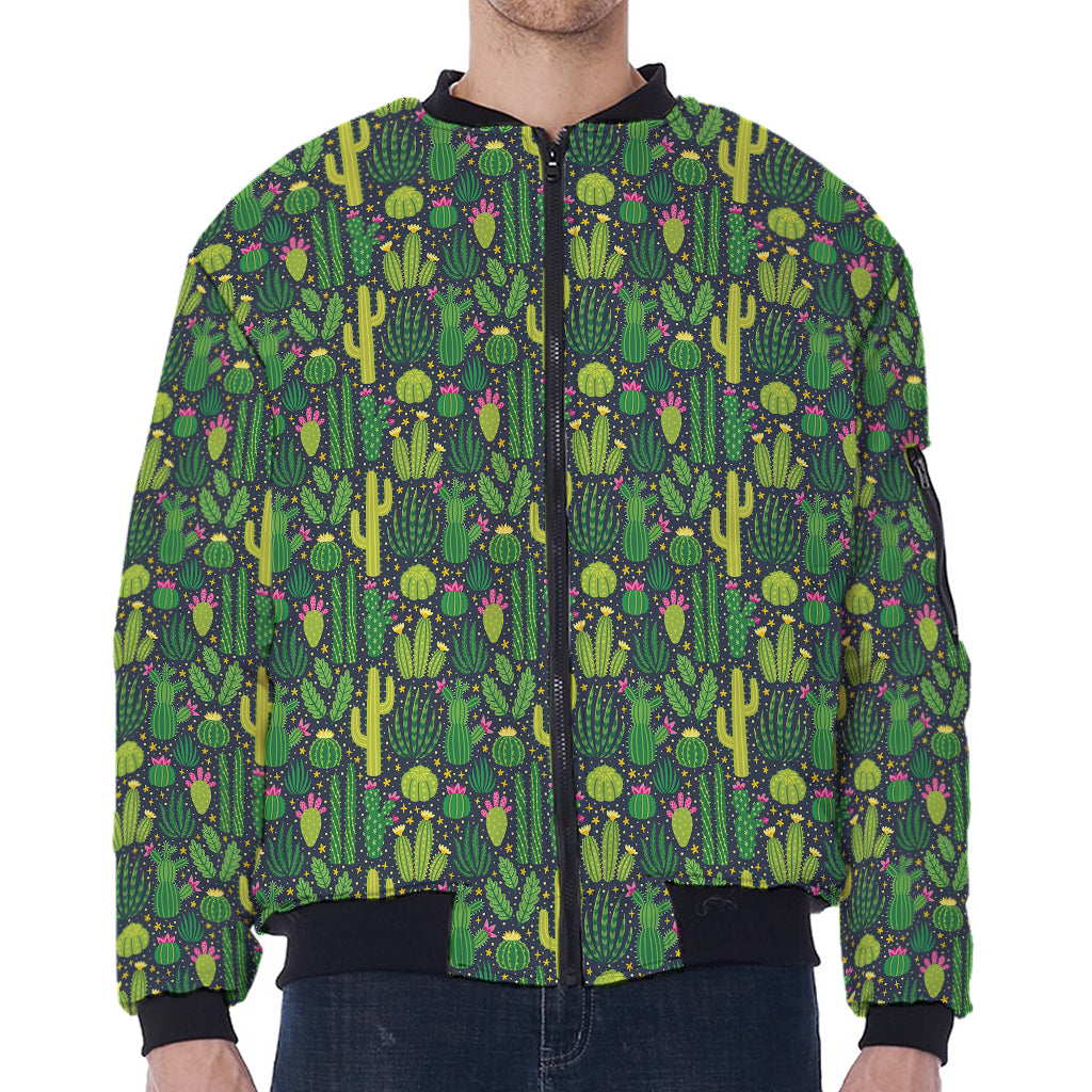 Cute Cactus Plant Pattern Print Zip Sleeve Bomber Jacket