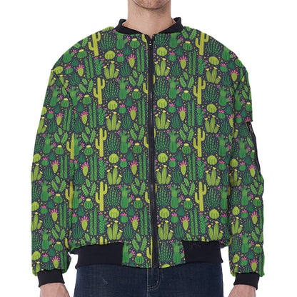 Cute Cactus Plant Pattern Print Zip Sleeve Bomber Jacket