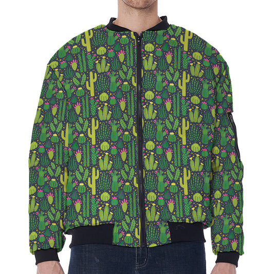 Cute Cactus Plant Pattern Print Zip Sleeve Bomber Jacket