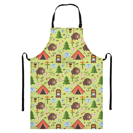 Cute Camping Pattern Print Bib Apron With Pocket
